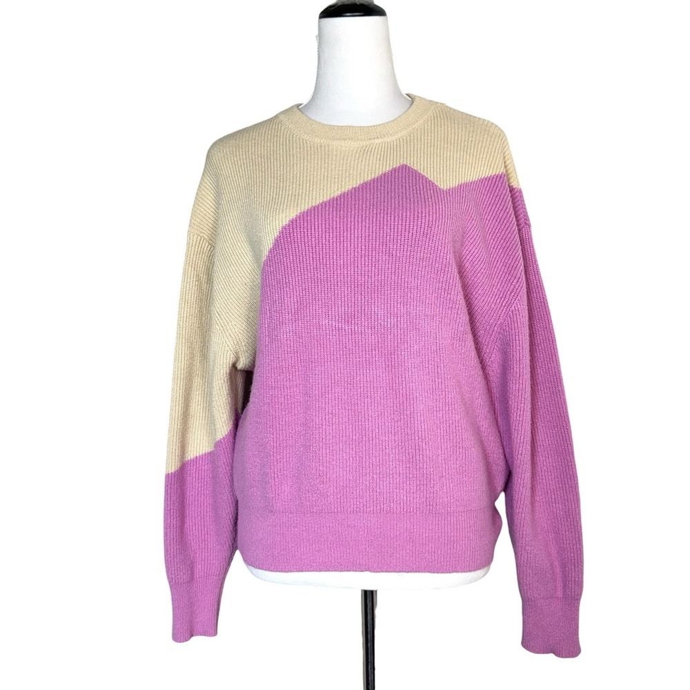Lush Color Block Crew Neck Sweater Pullover Size M Pink Taupe Relaxed Dolman